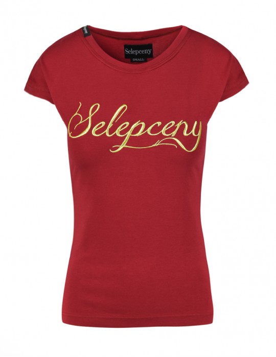 SELEPCENY BASIC GOLD EMBROIDERED RED COTTON T-SHIRT